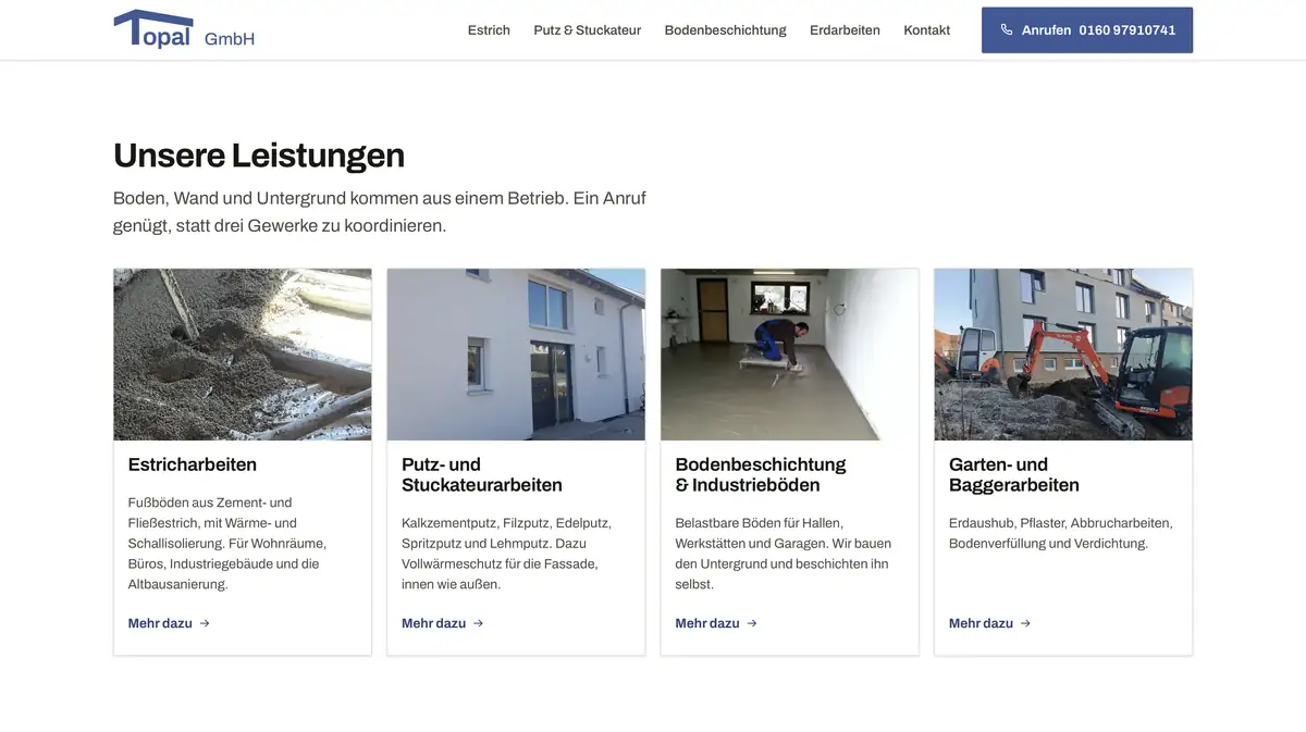 Neue Startseite der Topal GmbH mit Leistungen, echten Baustellenfotos und Anrufknopf